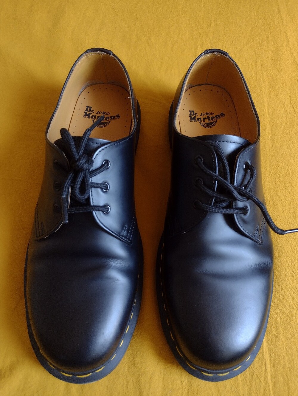 Dr. Martens Black Leather 3-Eye Oxford with Yellow Welt Stitching